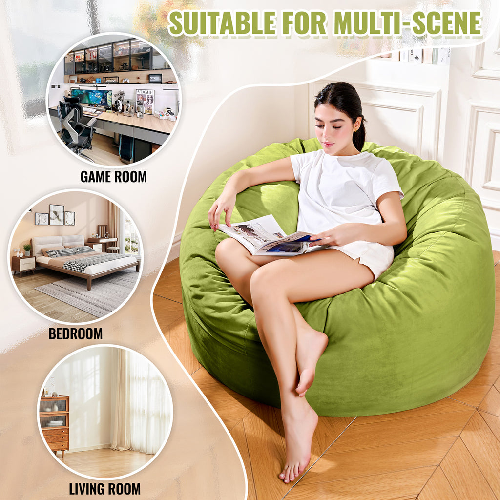4FT Bean Bag Chair, Minimalist Bean Bag with Velvet Cover, Fluffy and Comfy Bean Bag for Adults, Bean Bag Sofa Filled with High-Density Sponge for Gaming (Yellowish Beige)