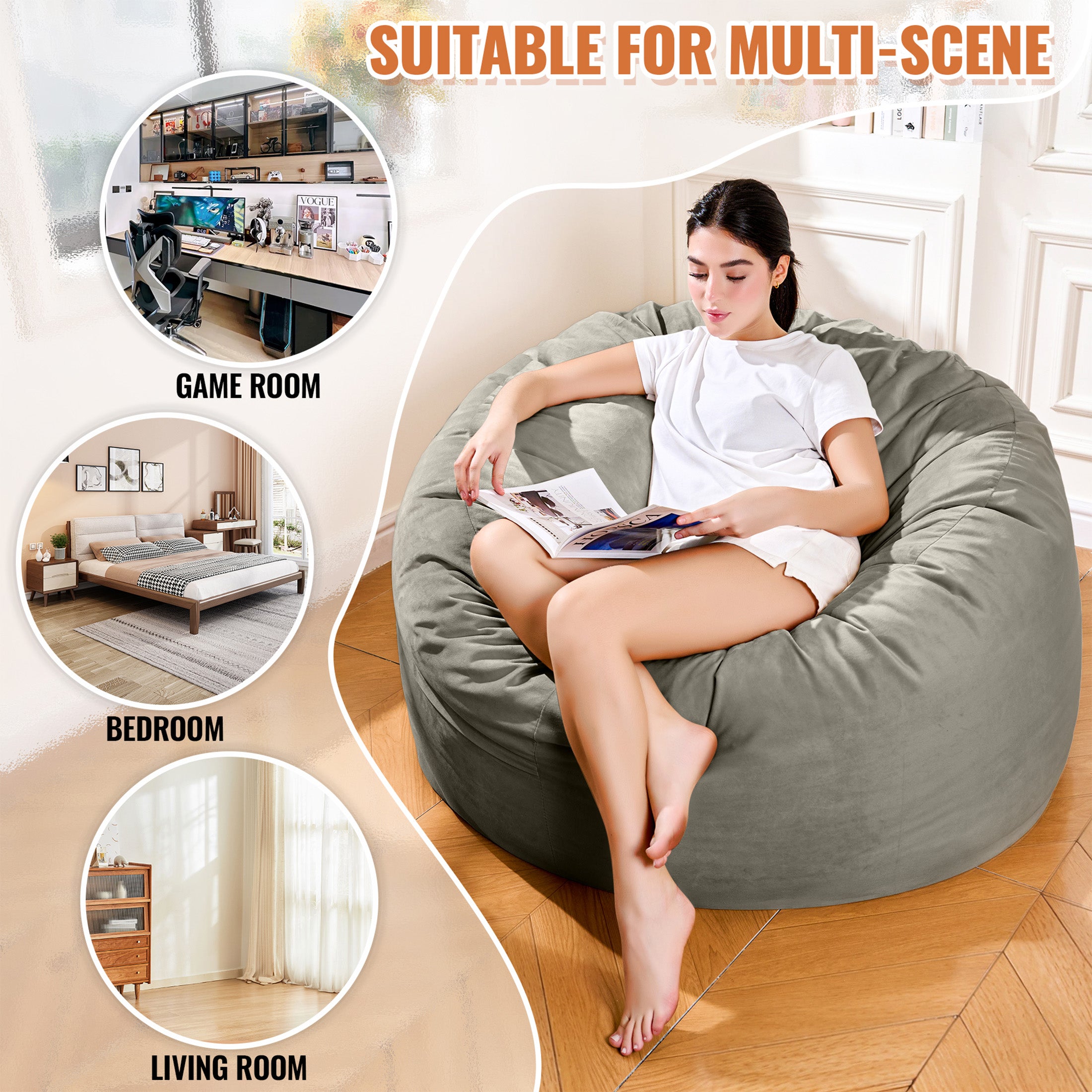 4FT Bean Bag Chair, Minimalist Bean Bag with Velvet Cover, Fluffy and Comfy Bean Bag for Adults, Bean Bag Sofa Filled with High-Density Sponge for Gaming (Yellowish Beige)