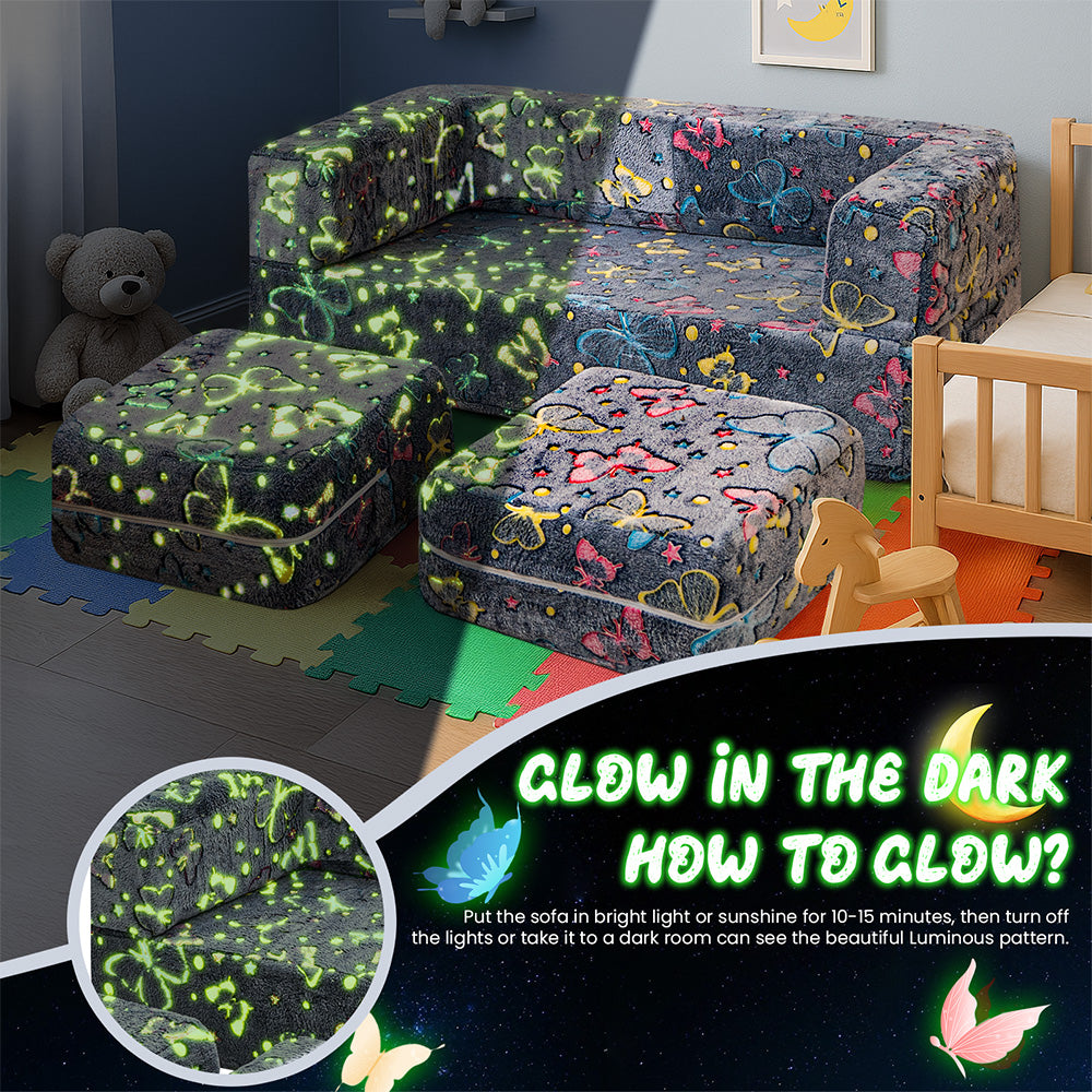 LinkRomat Modular Kids Play Couch, Toddler & Child Sectional Sofa, Glow in Dark, 3-in-1 Convertible Play Couch with High-Density Foam for Boys Girls