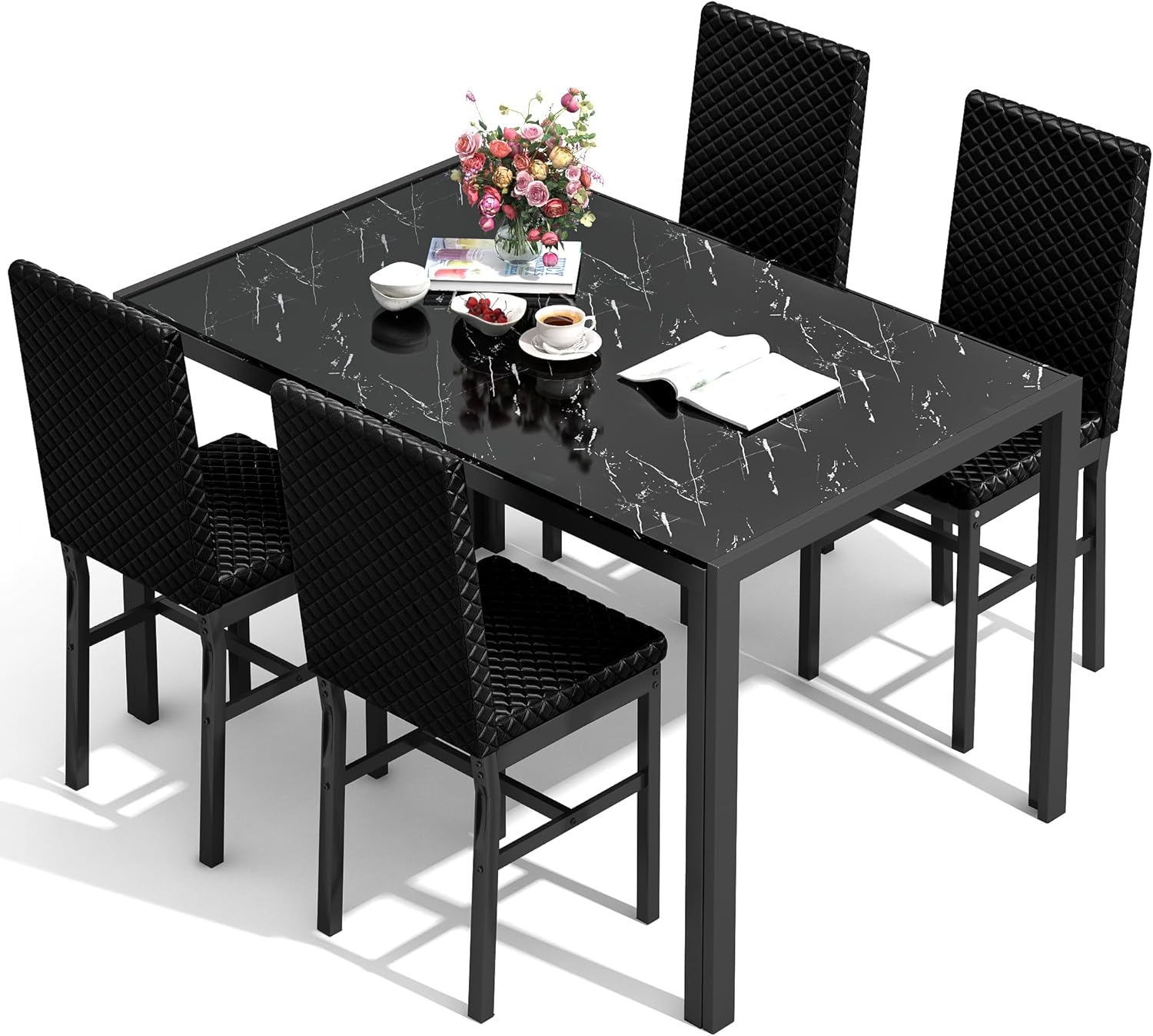 LinkRomat Dining Table Set for 4, Glass Table & PU Leather Chairs, Kitchen Tabletop and Chairs Set for Small Space, Apartment, Home Furniture, White
