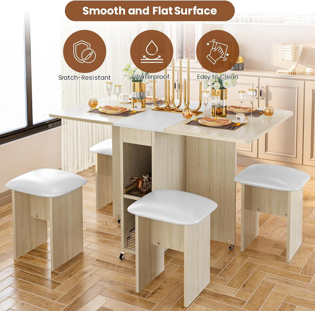 LinkRomat Folding Dining Table Set for 4, Kitchen Table with Shelves & 4 Leather Chairs, Space Saving Foldable Dining Table with 6 Wheel (Grey)