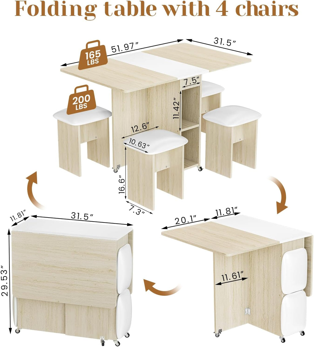 LinkRomat Folding Dining Table Set for 4, Kitchen Table with Shelves & 4 Leather Chairs, Space Saving Foldable Dining Table with 6 Wheel (Grey)
