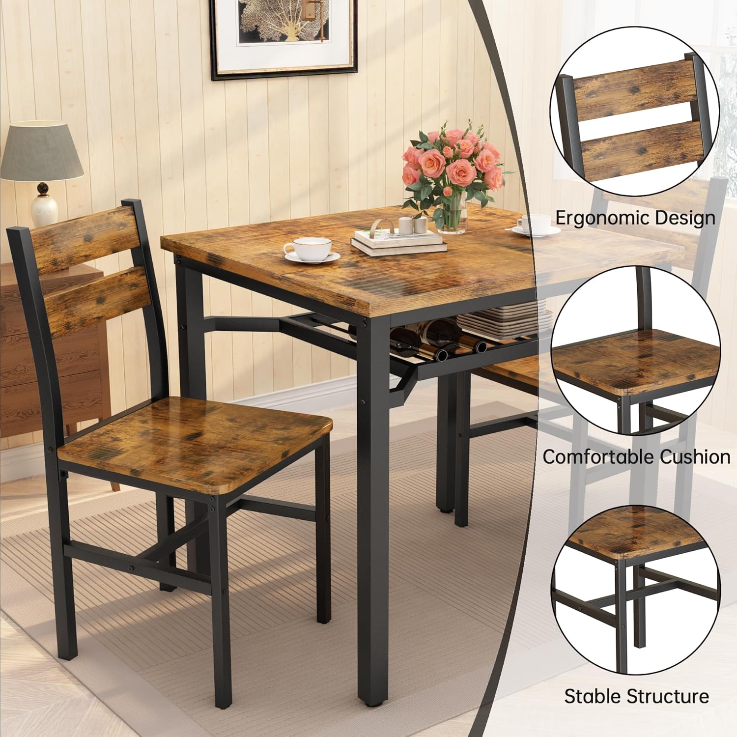 LinkRomat Small Dining Table for 2, Wooden Dinner Table with Storage, 3 Piece Farmhouse Square Dinette Set for Dining Room, Apartment, Small Space