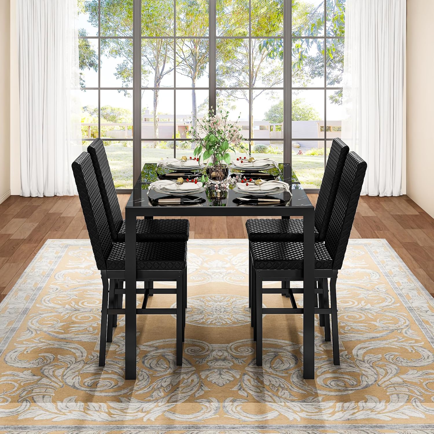 LinkRomat Dining Table Set for 4, Glass Table & PU Leather Chairs, Kitchen Tabletop and Chairs Set for Small Space, Apartment, Home Furniture, White