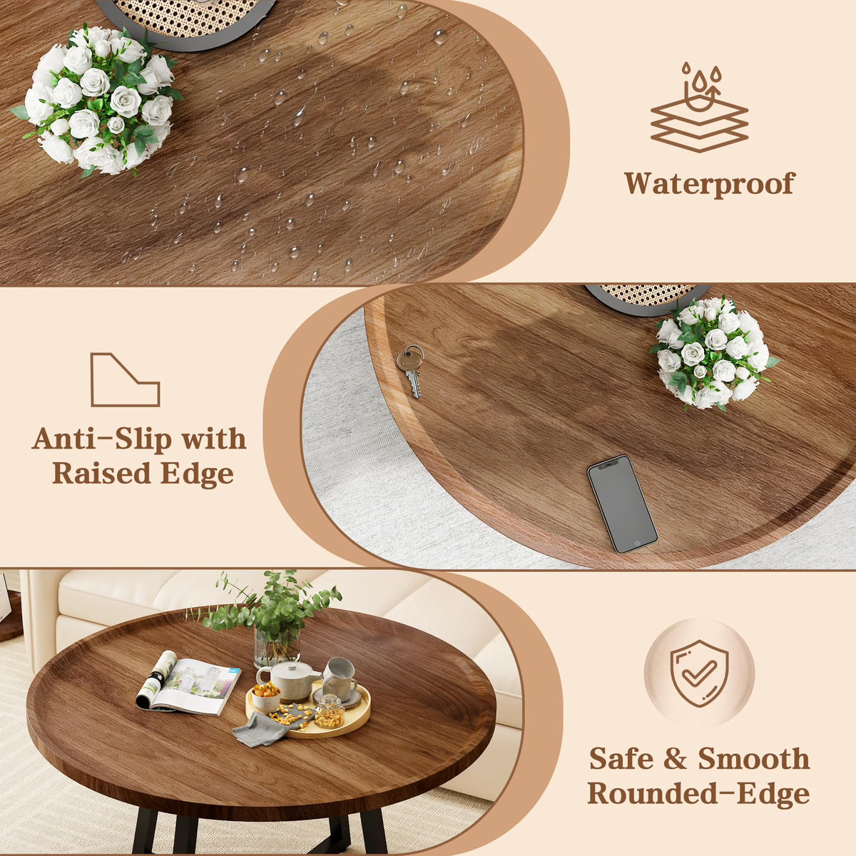 MOOSENG Coffee Table Set of 3, Industrial Vintage Wood Coffee Table with 2 Square End Side Tables, Easy Assembly Living Room Table Set for Offices, Living Rooms and Apartments
