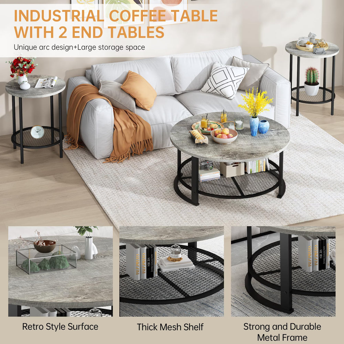 MOOSENG Coffee Table Set of 3, Industrial Vintage Wood Coffee Table with 2 Square End Side Tables, Easy Assembly Living Room Table Set for Offices, Living Rooms and Apartments