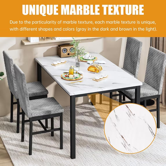 MOOSENG Small Dining Table Set for 4, 5 Pieces Dining Room Sets with Faux Marble Table & Velvet Chairs, Modern Kitchen Table Set with Chair for 4