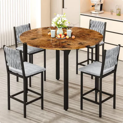 LinkRomat Dining Table Set for 4,Round Kitchen Table Set with 4 Gray hand-woven velvet chairs for Kitchen Breakfast Nook Dining(Walnut & Gray)