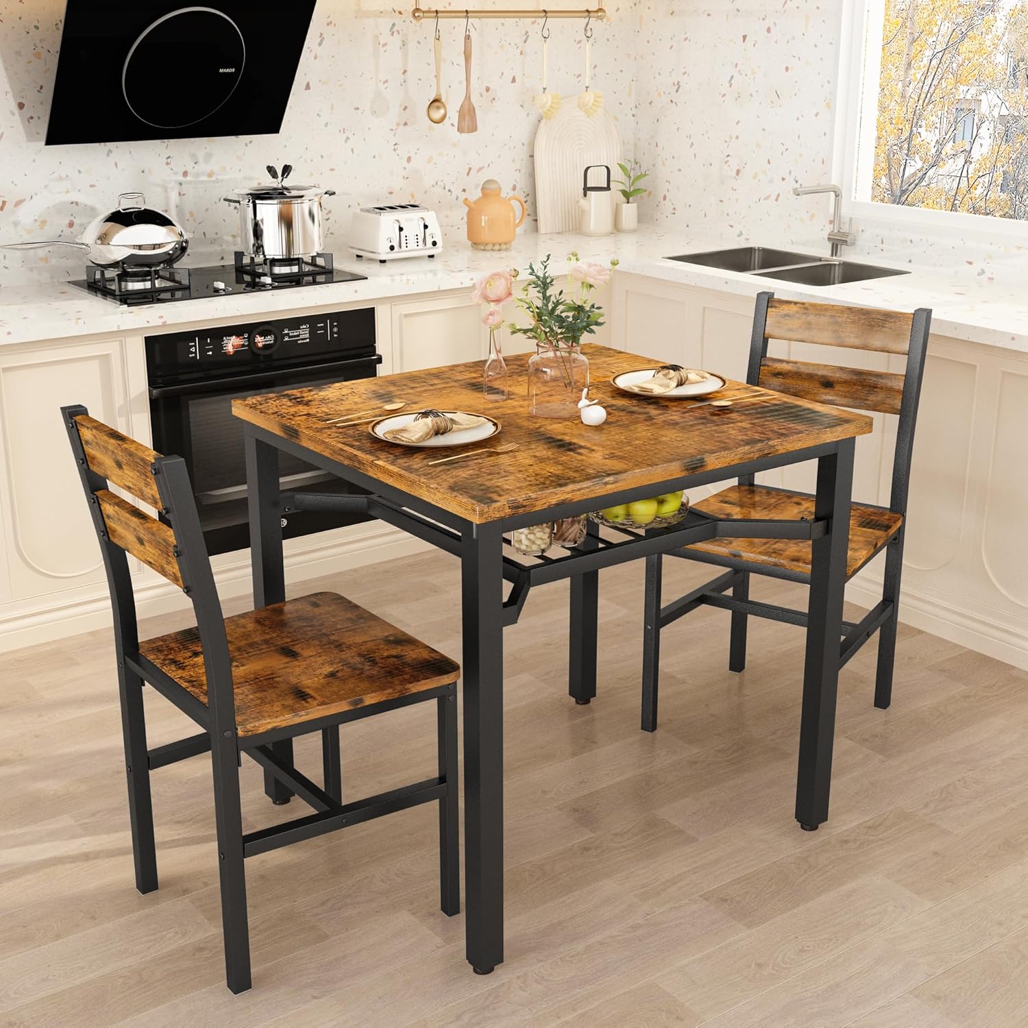 LinkRomat Small Dining Table for 2, Wooden Dinner Table with Storage, 3 Piece Farmhouse Square Dinette Set for Dining Room, Apartment, Small Space