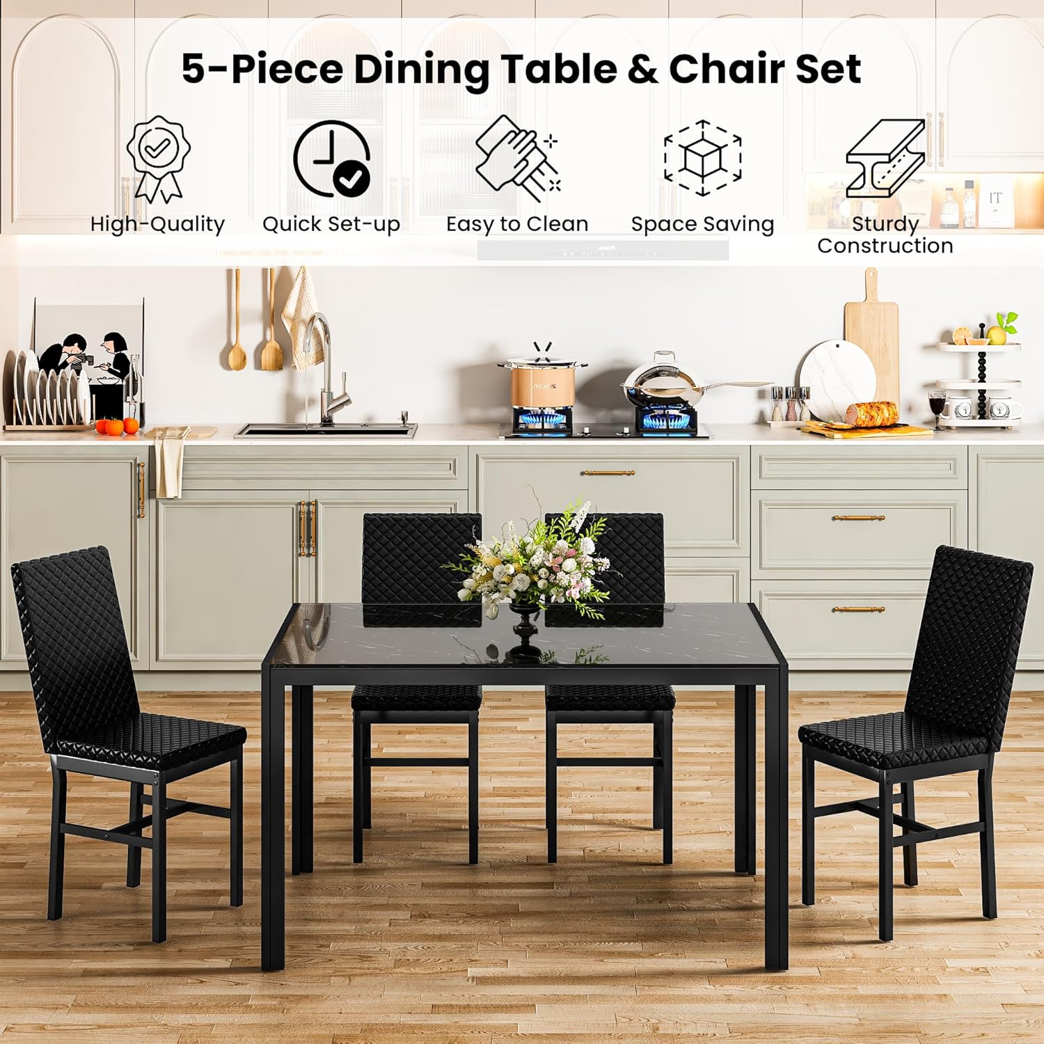 LinkRomat Dining Table Set for 4, Glass Table & PU Leather Chairs, Kitchen Tabletop and Chairs Set for Small Space, Apartment, Home Furniture, White