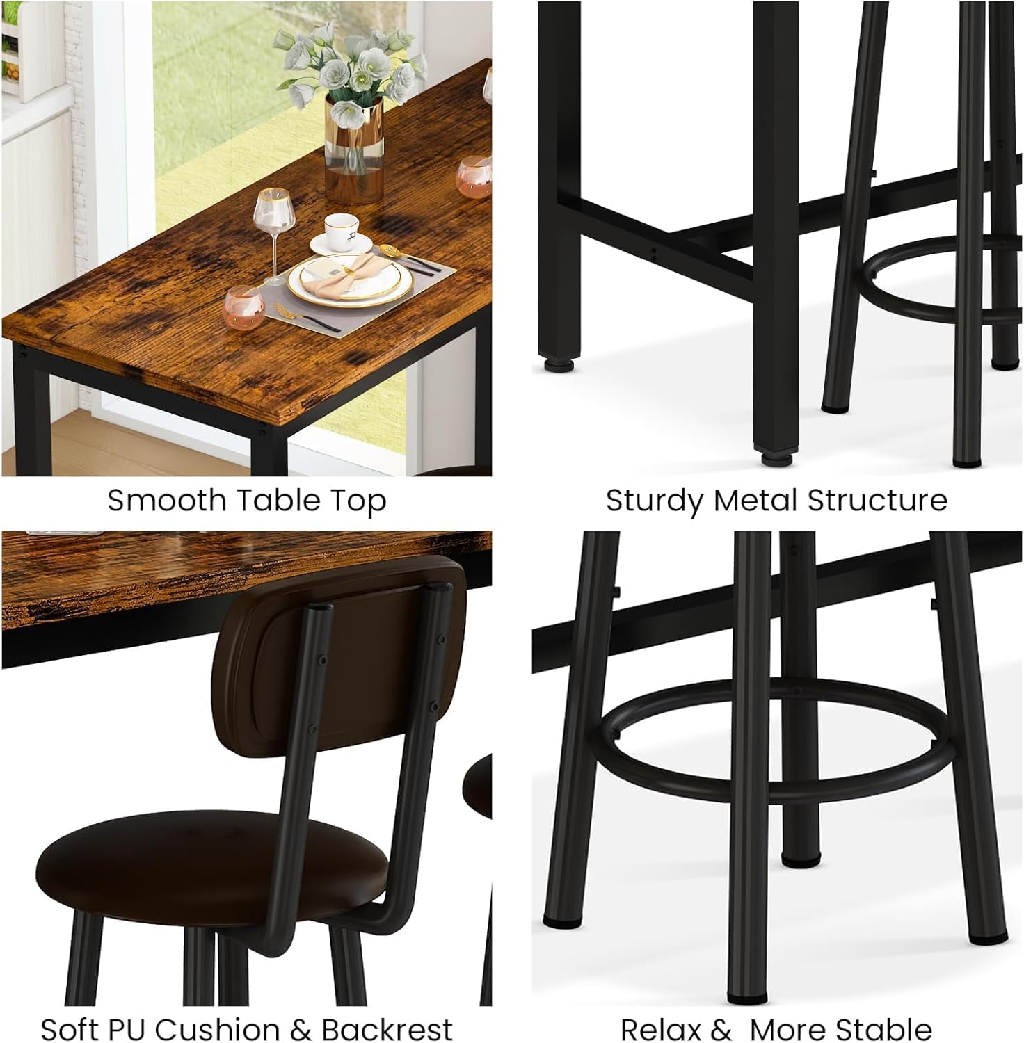 3 Piece Pub Dining Set, 24" Dining Table Set with 2 PU Leather Upholstered Stools, Square Small Space Kitchen Table Pub Set for Apartment Dining Room, Living Room