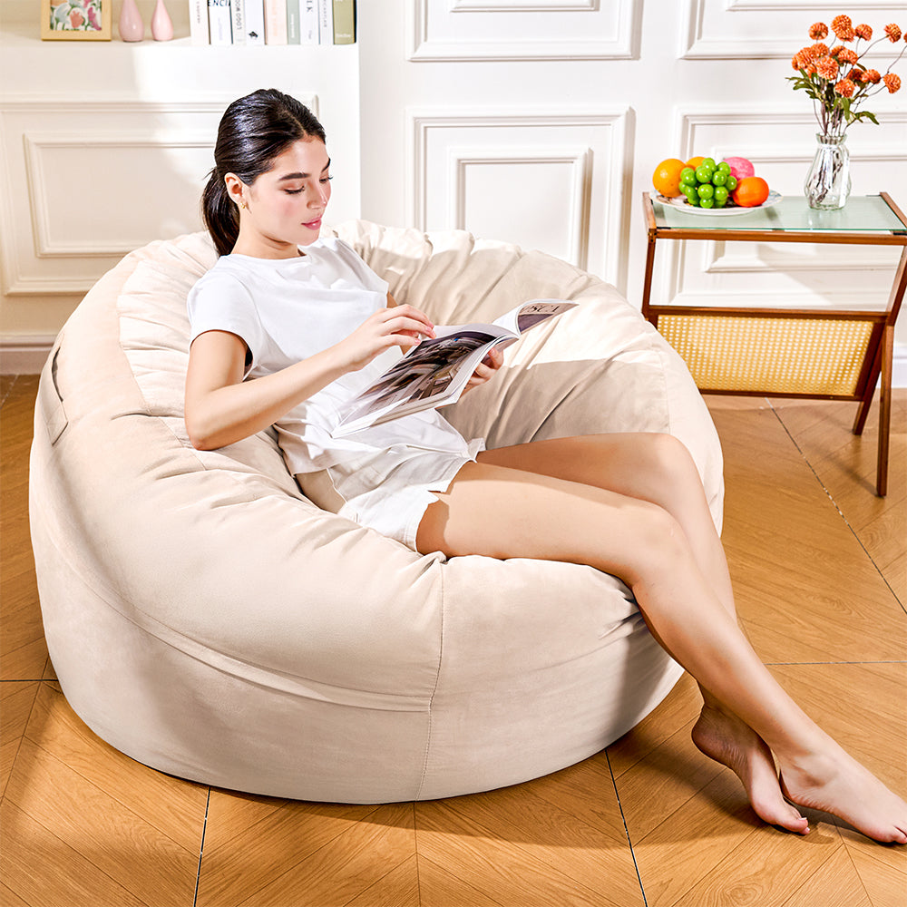 4FT Bean Bag Chair, Minimalist Bean Bag with Velvet Cover, Fluffy and Comfy Bean Bag for Adults, Bean Bag Sofa Filled with High-Density Sponge for Gaming (Yellowish Beige)