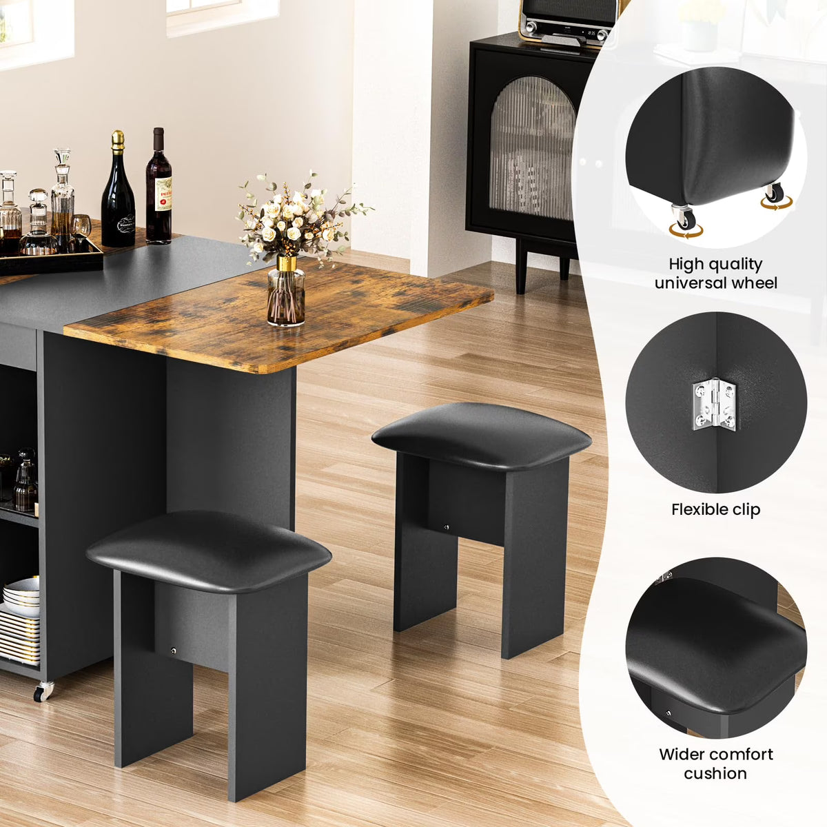 MOOSENG Folding Dining Table Set for 4, Dinner Table with 4 Leather Chairs and Shelves, Space Saving Foldable Dining Table with 6 Wheels, Kitchen Table Set for Small Spaces