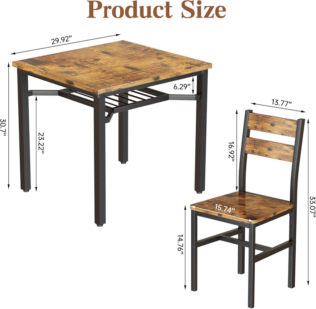 LinkRomat Small Dining Table for 2, Wooden Dinner Table with Storage, 3 Piece Farmhouse Square Dinette Set for Dining Room, Apartment, Small Space