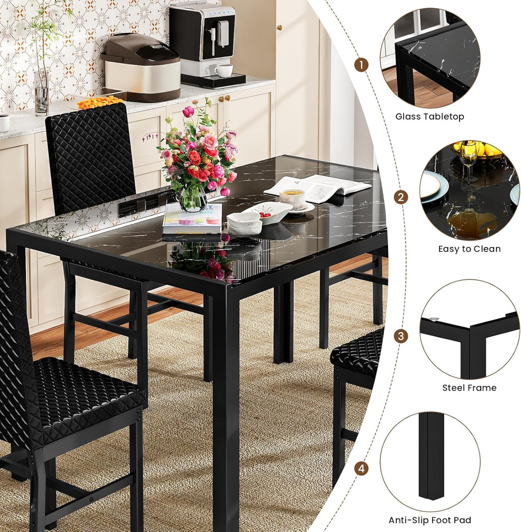LinkRomat Dining Table Set for 4, Glass Table & PU Leather Chairs, Kitchen Tabletop and Chairs Set for Small Space, Apartment, Home Furniture, White