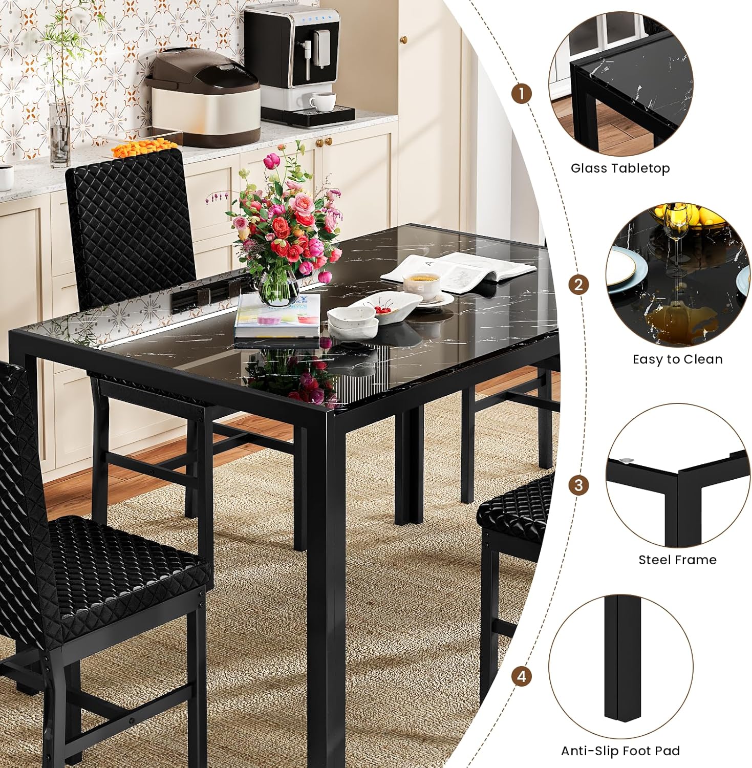 LinkRomat Dining Table Set for 4, Glass Table & PU Leather Chairs, Kitchen Tabletop and Chairs Set for Small Space, Apartment, Home Furniture, White