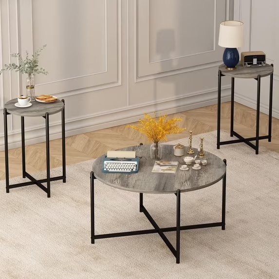 Cvortll Coffee Table Set of 3, Round Faux Marble Top with Cross Metal Frame, Modern Living Room Table for Apartment （Gray & Black）