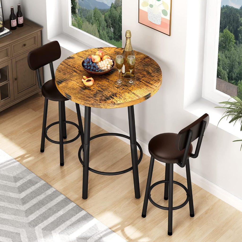 3 Piece Pub Dining Set, 24" Dining Table Set with 2 PU Leather Upholstered Stools, Square Small Space Kitchen Table Pub Set for Apartment Dining Room, Living Room