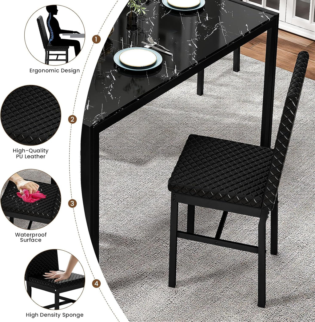LinkRomat Dining Table Set for 4, Glass Table & PU Leather Chairs, Kitchen Tabletop and Chairs Set for Small Space, Apartment, Home Furniture, White