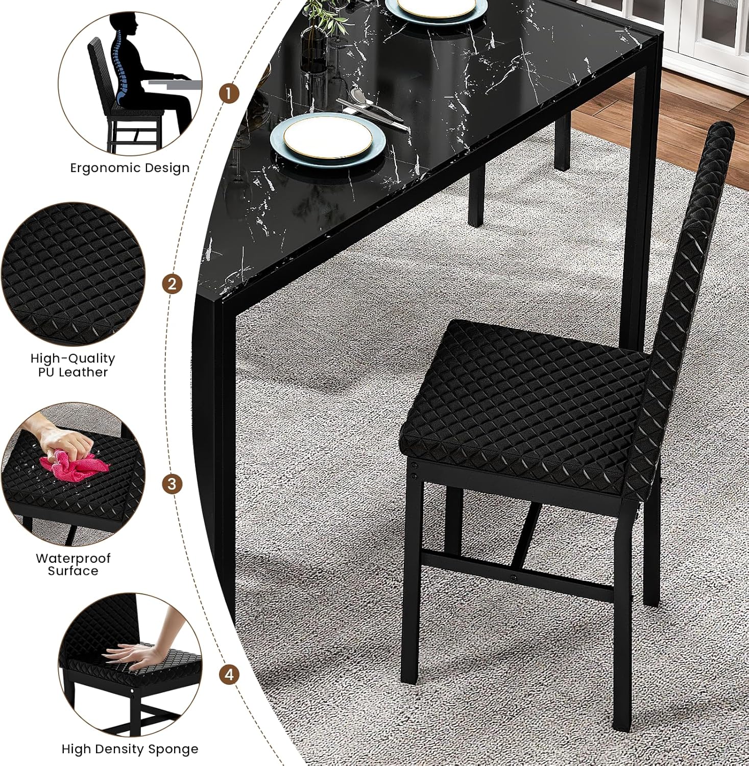 LinkRomat Dining Table Set for 4, Glass Table & PU Leather Chairs, Kitchen Tabletop and Chairs Set for Small Space, Apartment, Home Furniture, White