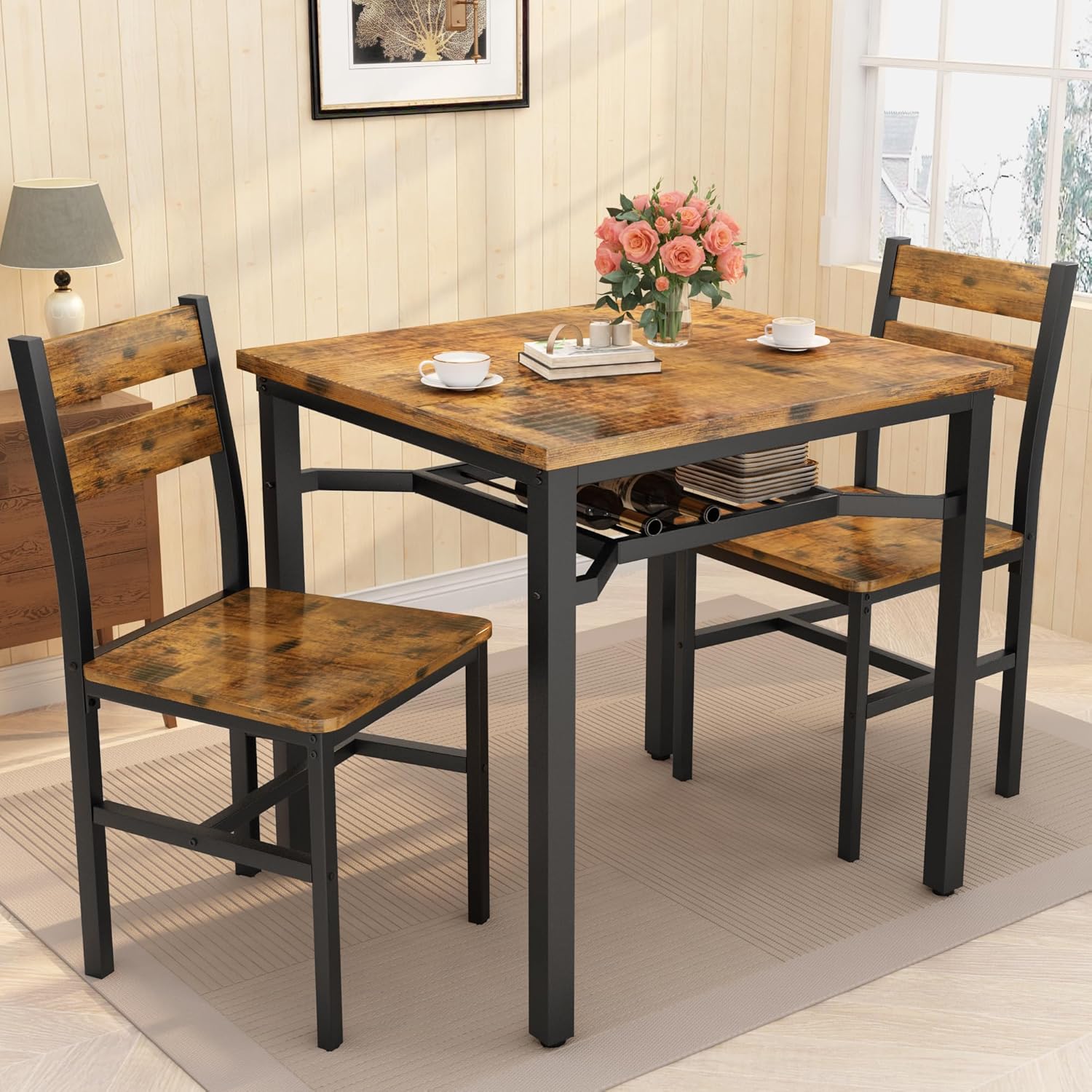 LinkRomat Small Dining Table for 2, Wooden Dinner Table with Storage, 3 Piece Farmhouse Square Dinette Set for Dining Room, Apartment, Small Space