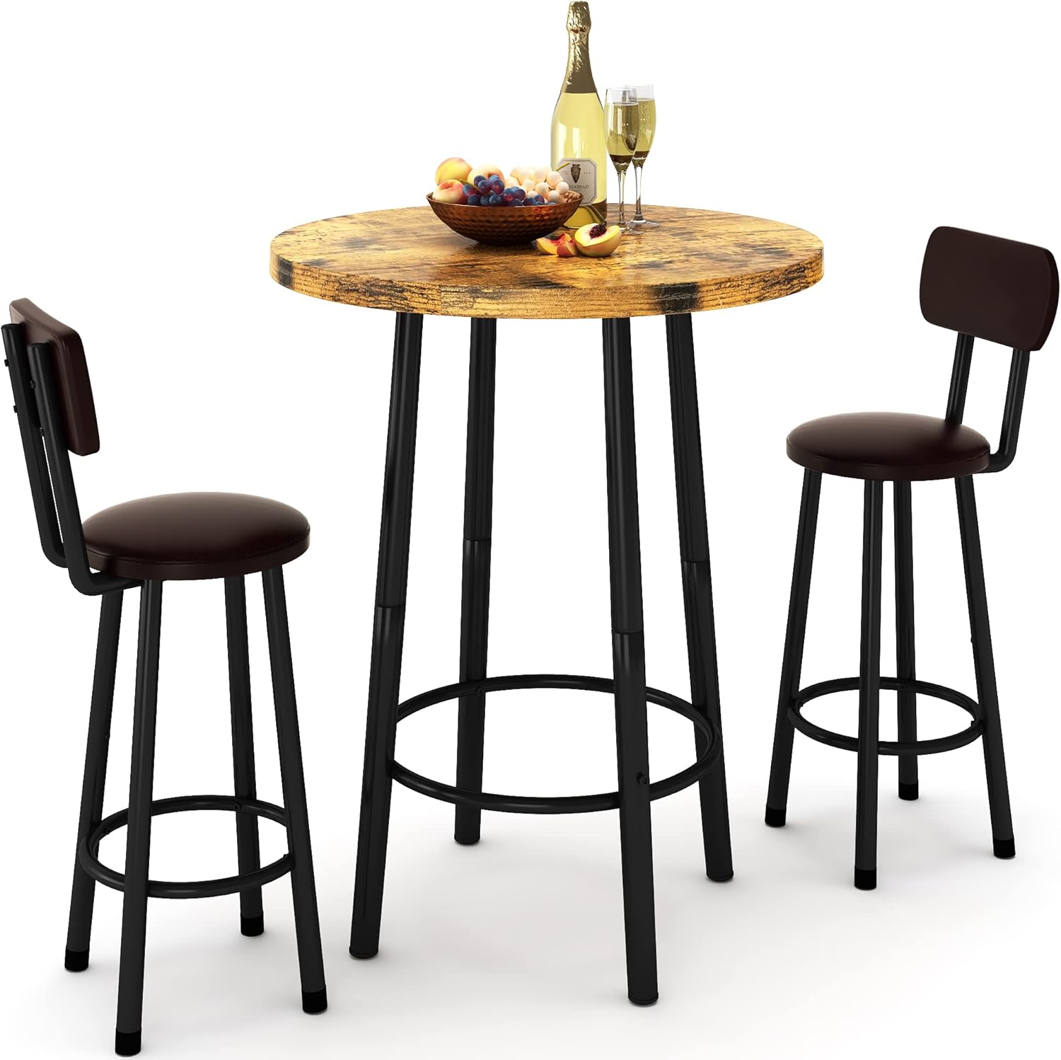 3 Piece Pub Dining Set, 24" Dining Table Set with 2 PU Leather Upholstered Stools, Square Small Space Kitchen Table Pub Set for Apartment Dining Room, Living Room