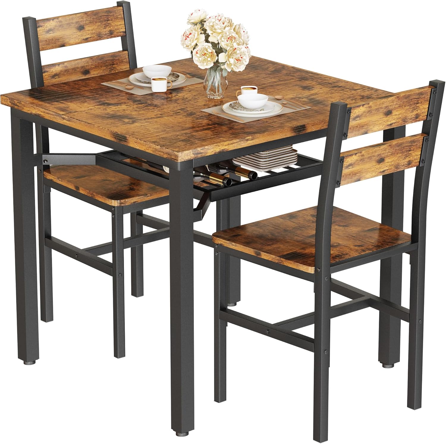 LinkRomat Small Dining Table for 2, Wooden Dinner Table with Storage, 3 Piece Farmhouse Square Dinette Set for Dining Room, Apartment, Small Space
