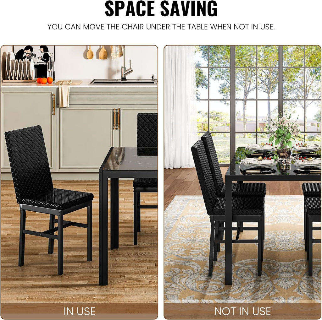 LinkRomat Dining Table Set for 4, Glass Table & PU Leather Chairs, Kitchen Tabletop and Chairs Set for Small Space, Apartment, Home Furniture, White