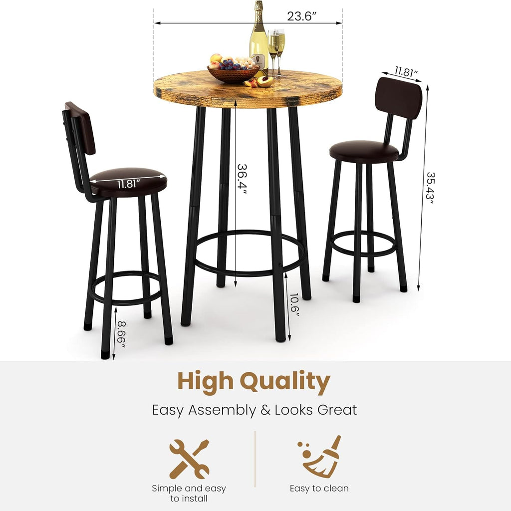 3 Piece Pub Dining Set, 24" Dining Table Set with 2 PU Leather Upholstered Stools, Square Small Space Kitchen Table Pub Set for Apartment Dining Room, Living Room