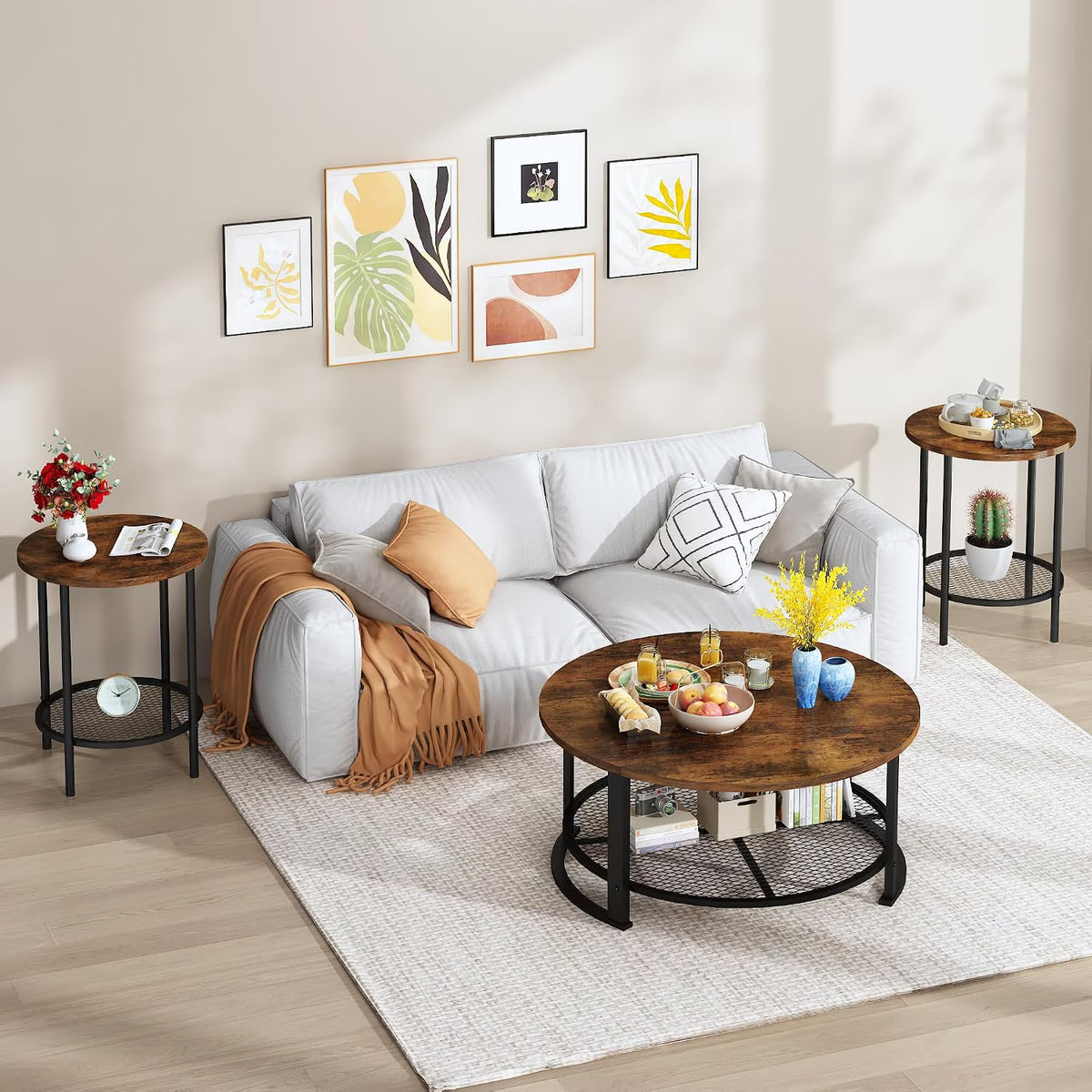 MOOSENG Coffee Table Set of 3, Industrial Vintage Wood Coffee Table with 2 Square End Side Tables, Easy Assembly Living Room Table Set for Offices, Living Rooms and Apartments
