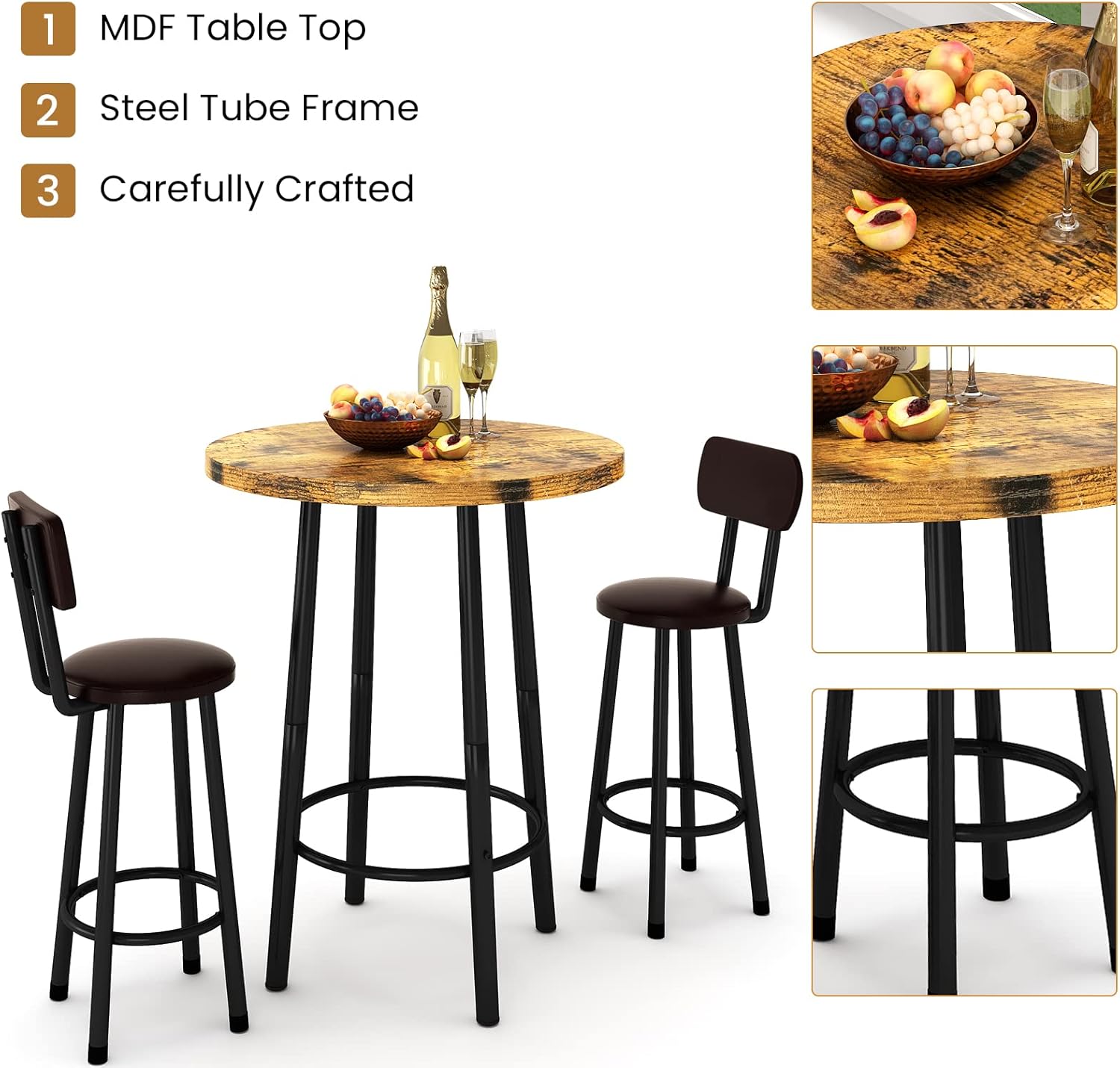 3 Piece Pub Dining Set, 24" Dining Table Set with 2 PU Leather Upholstered Stools, Square Small Space Kitchen Table Pub Set for Apartment Dining Room, Living Room