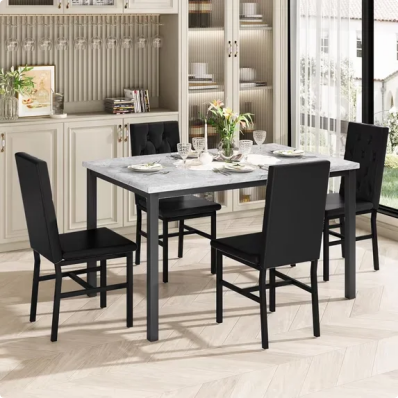 LinkRomat 5-Piece Dining Table Set for 4 Faux Marble with Button Tufted Upholstered Chairs, Kitchen Table with Chairs, Black