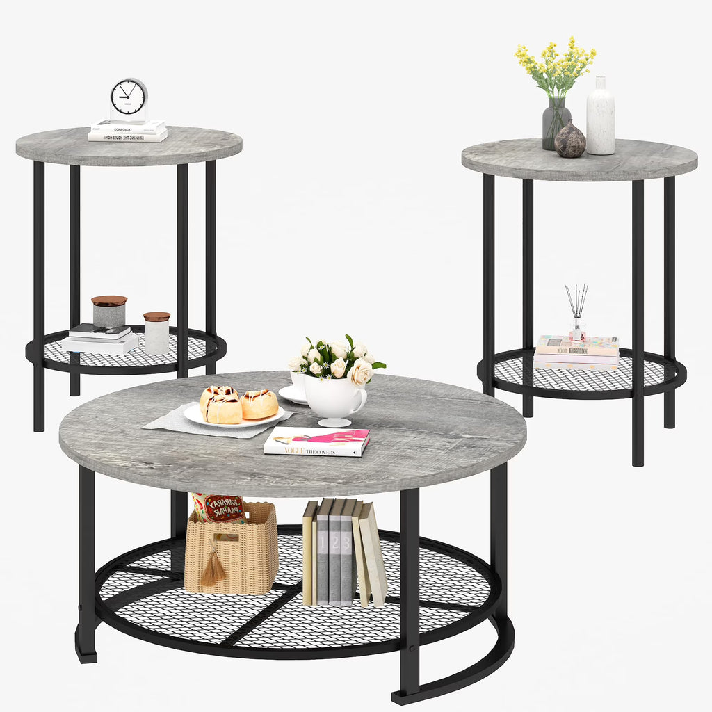 MOOSENG Coffee Table Set of 3, Industrial Vintage Wood Coffee Table with 2 Square End Side Tables, Easy Assembly Living Room Table Set for Offices, Living Rooms and Apartments