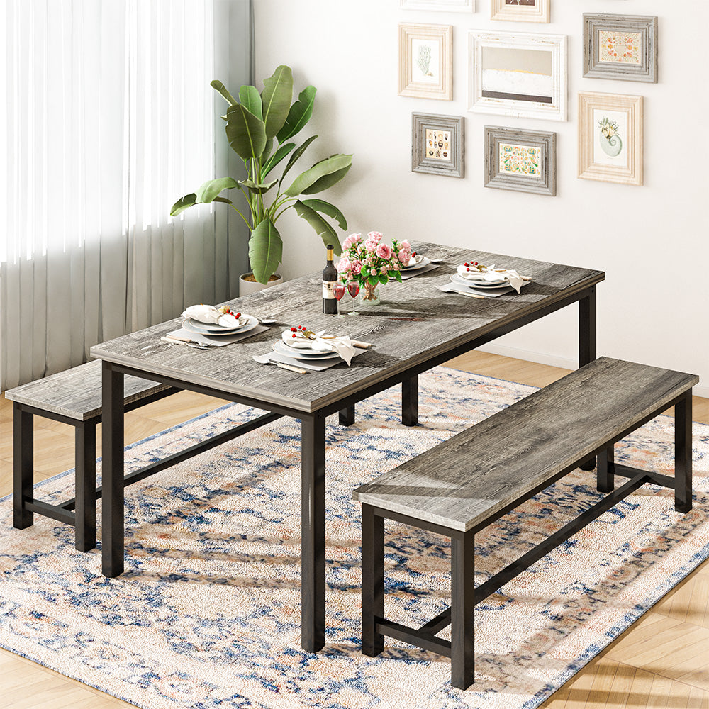 LinkRomat 3 Piece Dining Room Table Set for 4, 47" Farmhouse Dining Table with Benches, Rectangular Kitchen Sets for Small Space, Apartment, Restaurant