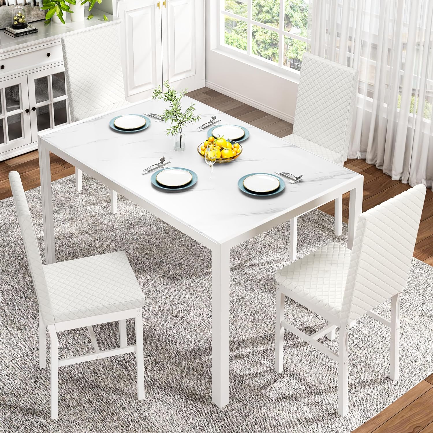 LinkRomat Dining Table Set for 4, Glass Table & PU Leather Chairs, Kitchen Tabletop and Chairs Set for Small Space, Apartment, Home Furniture, White