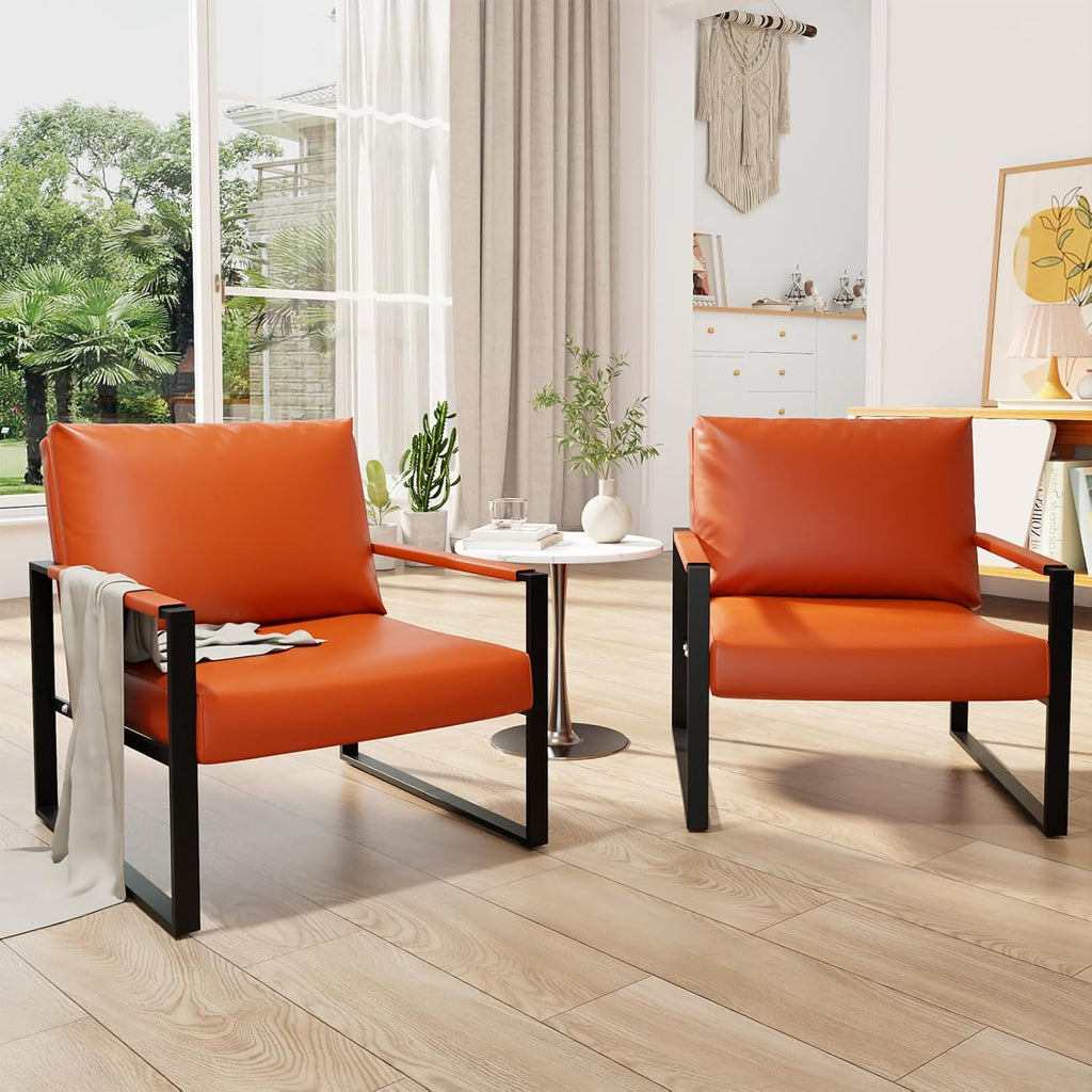 LinkRomat Accent Chair Set of 2 Leather Modern Comfortable Waiting Room Chairs Easy to Clean Couch Chair for Bedroom Living Room Office,Orange
