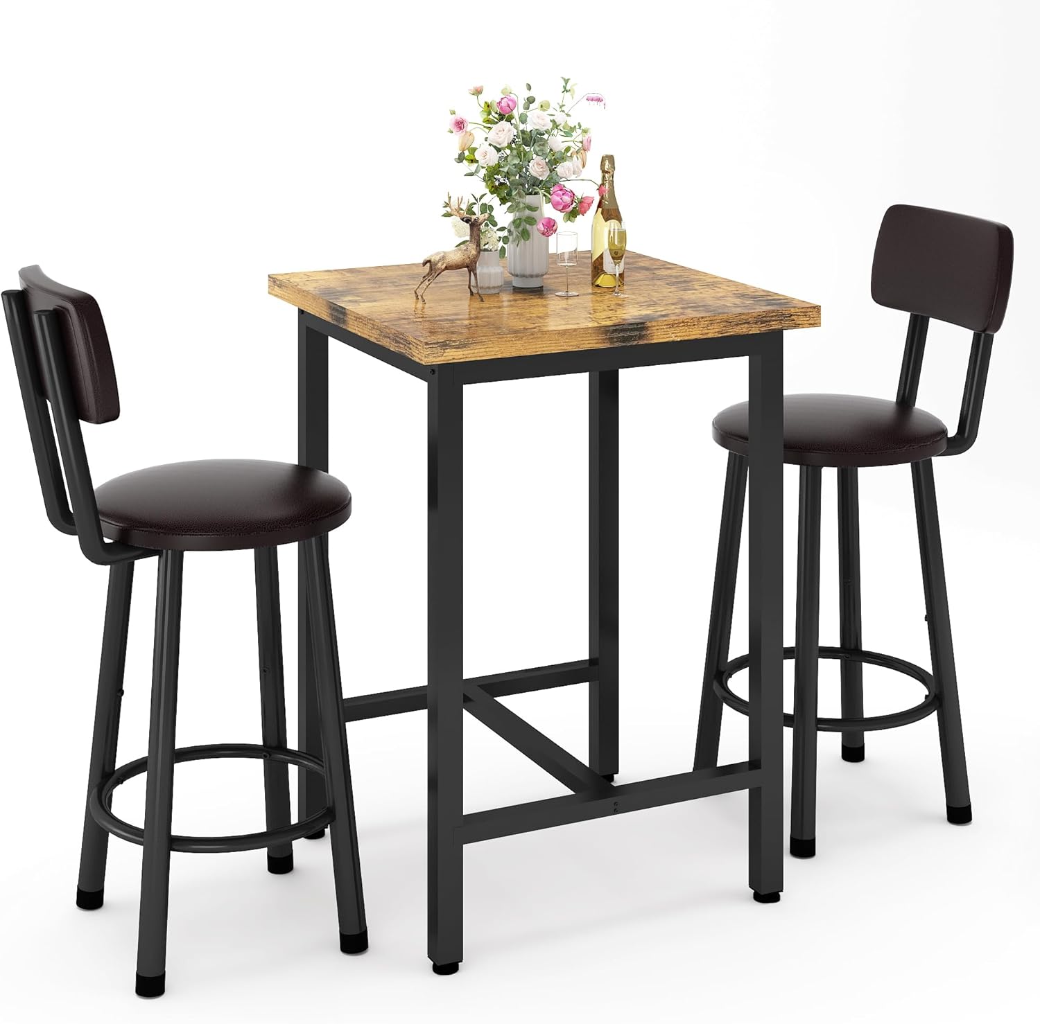 3 Piece Pub Dining Set, 24" Dining Table Set with 2 PU Leather Upholstered Stools, Square Small Space Kitchen Table Pub Set for Apartment Dining Room, Living Room