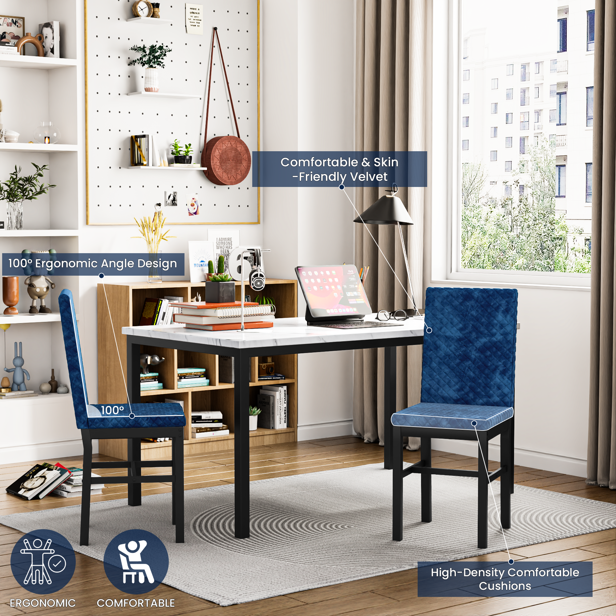LinkRomat Modern 7 Piece Dining Room Sets for 6, Table Dining Set for 6, Faux Marble Kitchen Table PU Leather Chair for Apartment, Dining Room