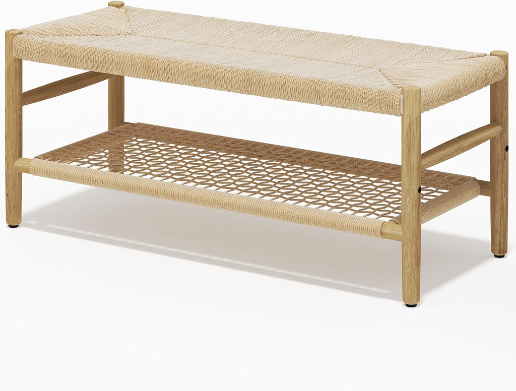 LinkRomat Wicker Bench Indoor Entryway Bench with Paper Cord Ottoman & Grid Storage Rack, Mid-Century Long Chair with Wood Legs for Room Channel
