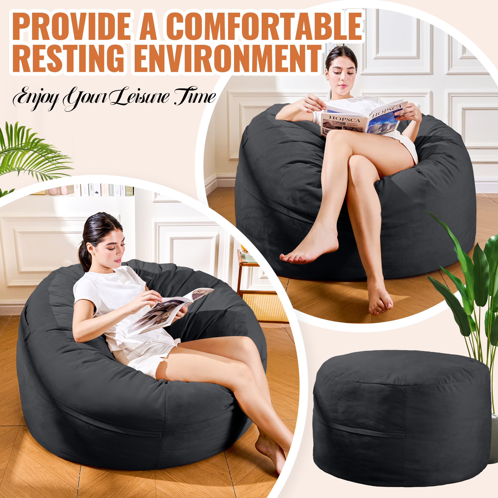 4FT Bean Bag Chair, Minimalist Bean Bag with Velvet Cover, Fluffy and Comfy Bean Bag for Adults, Bean Bag Sofa Filled with High-Density Sponge for Gaming (Yellowish Beige)