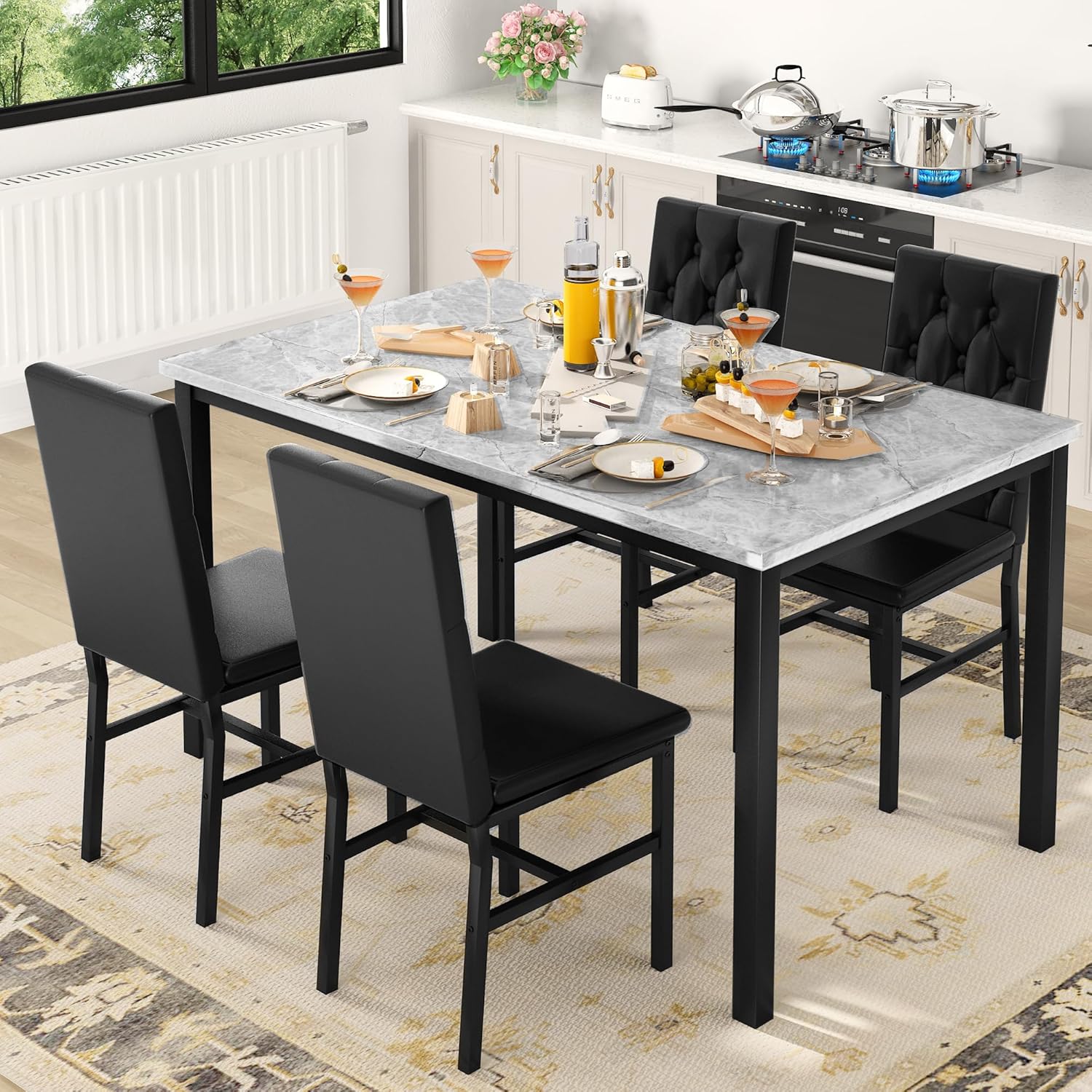 LinkRomat Dining Table Set for 4, Faux Marble Kitchen Table and Chairs, 5 Piece Small Dining Room Set with Button Tufted Upholstered Chairs