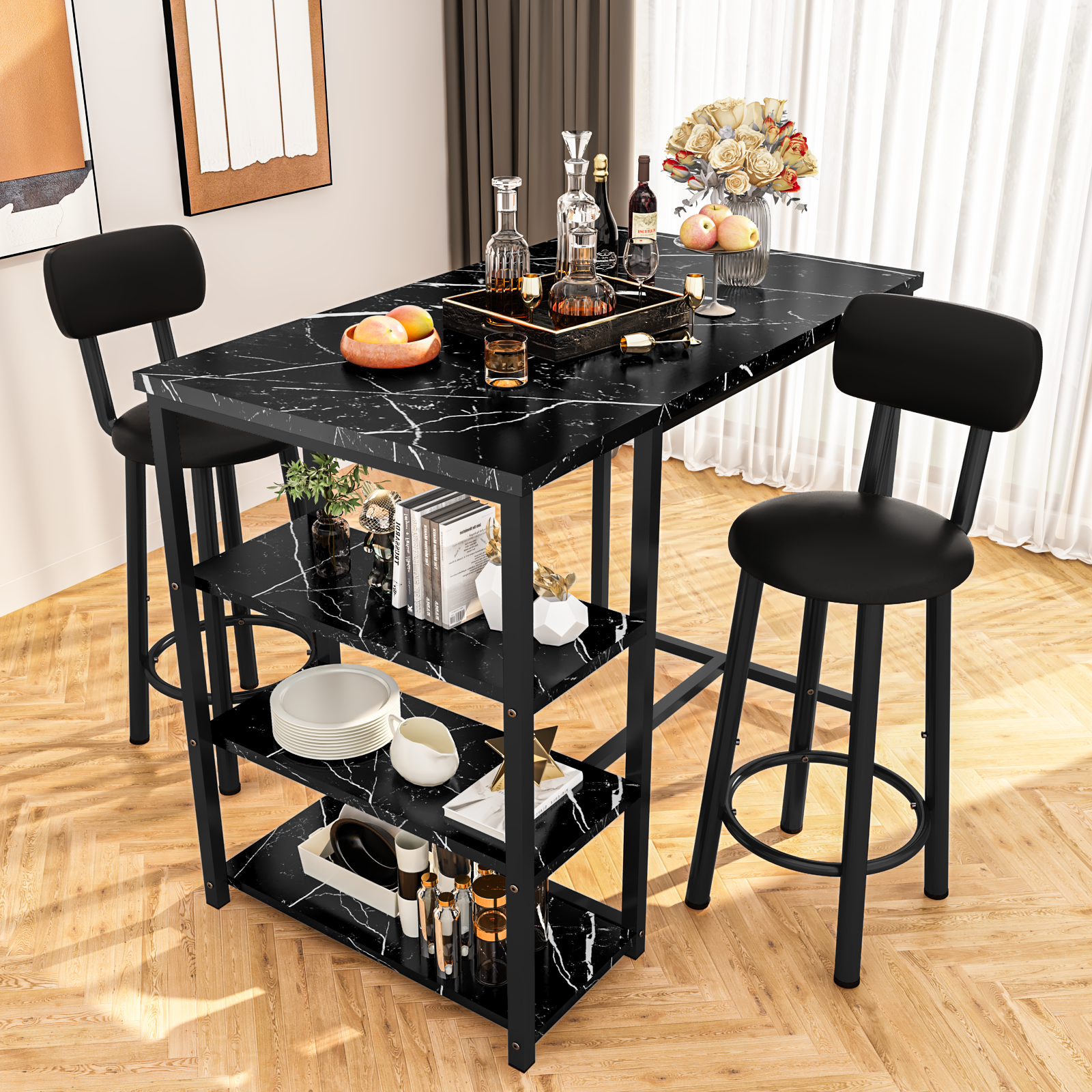 LinkRomat 7-Piece Dining Table Set for 6 with Faux Leather Chairs, Modern Kitchen & Dining Room Table Set, Rectangular Dinner Table and Chairs for 6 People