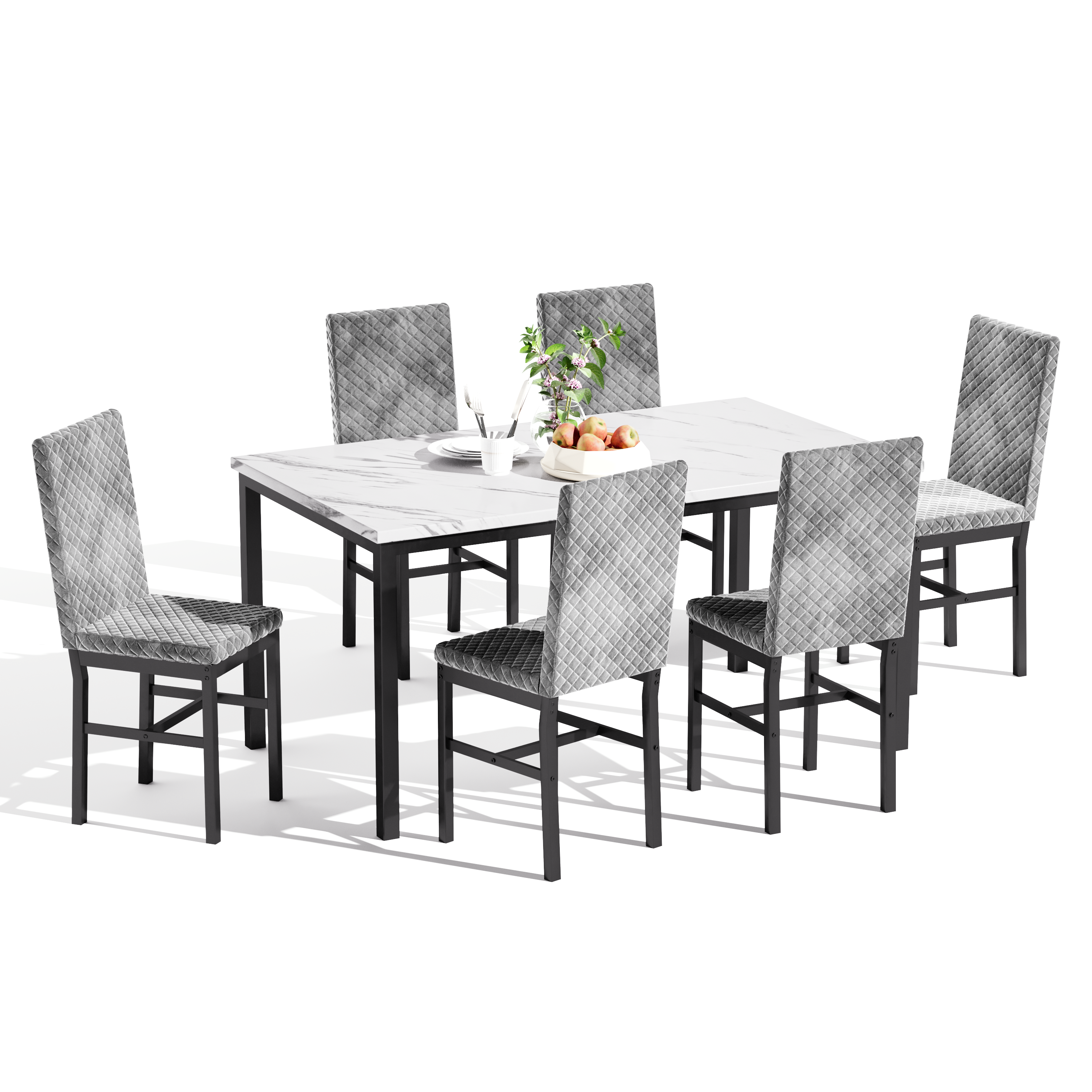 LinkRomat Modern 7 Piece Dining Room Sets for 6, Table Dining Set for 6, Faux Marble Kitchen Table PU Leather Chair for Apartment, Dining Room