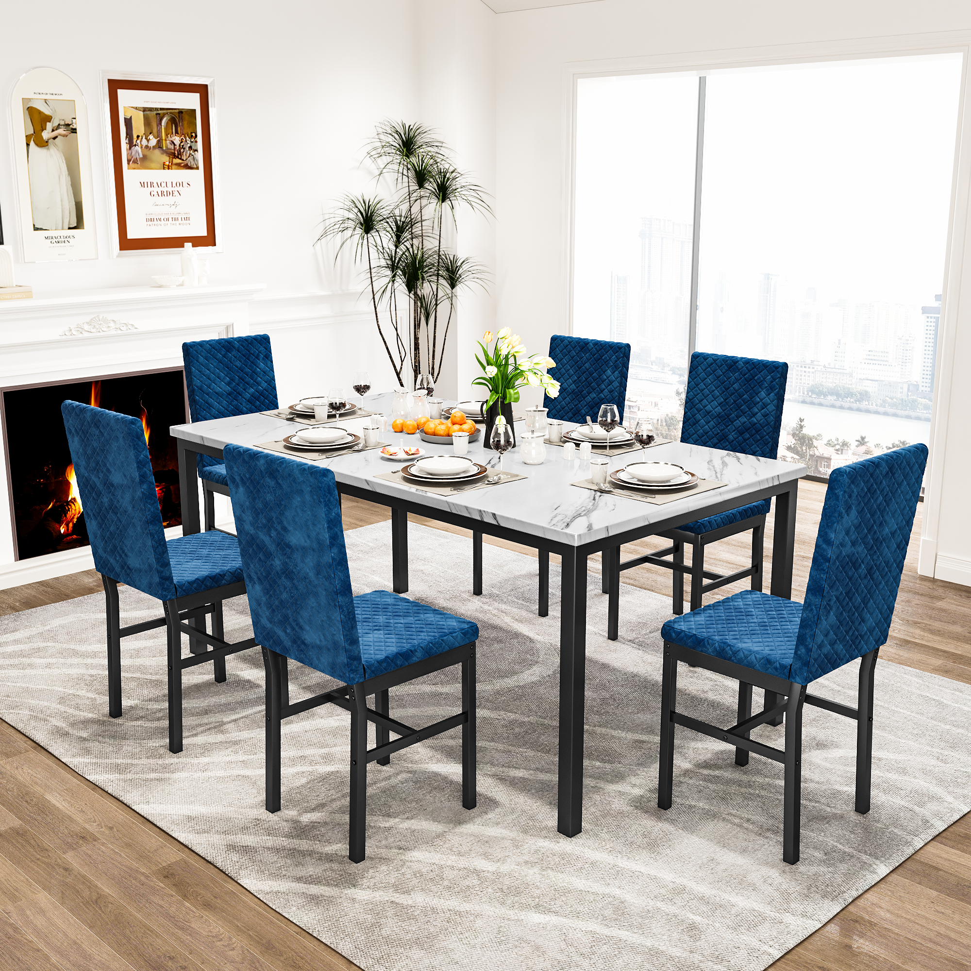 LinkRomat Modern 7 Piece Dining Room Sets for 6, Table Dining Set for 6, Faux Marble Kitchen Table PU Leather Chair for Apartment, Dining Room