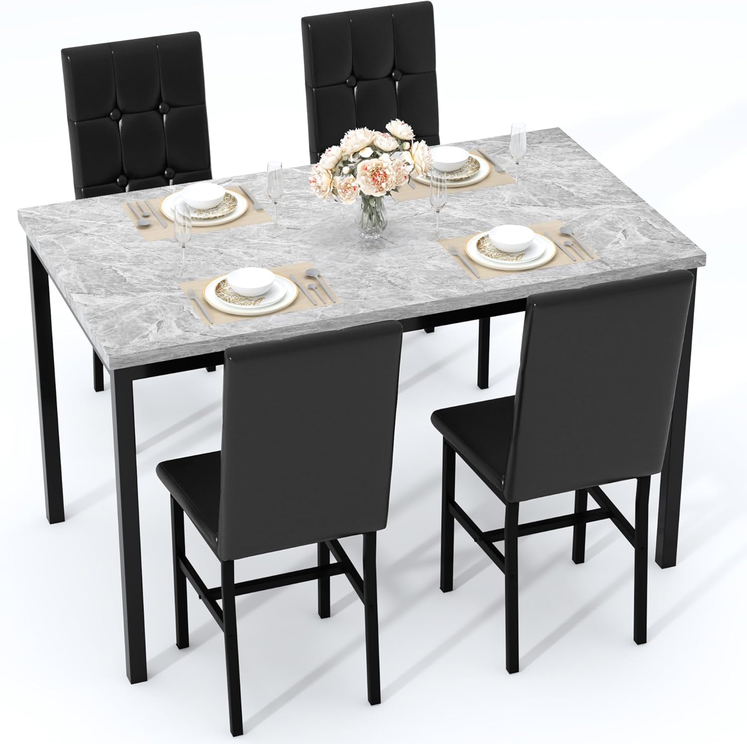 LinkRomat Modern Dining Table Set, Grey Faux Marble Rectangular Table Set and 4 Black PU Cushion Chairs, Dining Room Home Furniture for Small Space