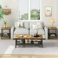 LinkRomat Living Room Coffee Table Set of 3, Modern Industrial Table Set with 1 Coffee Table and 2 End Tables, Square Wood and Metal Frame, Gray