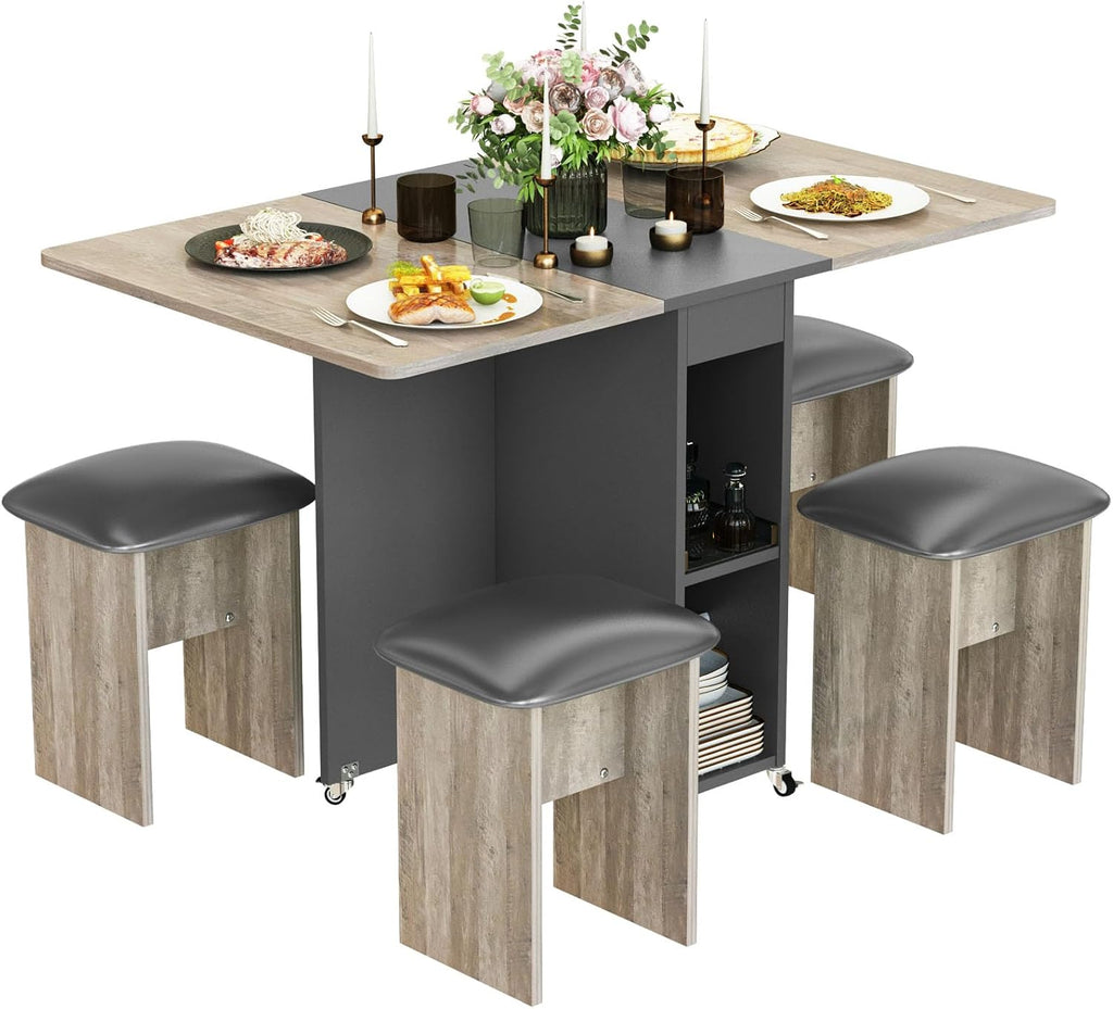 LinkRomat Folding Dining Table Set for 4, Kitchen Table with Shelves & 4 Leather Chairs, Space Saving Foldable Dining Table with 6 Wheel (Grey)