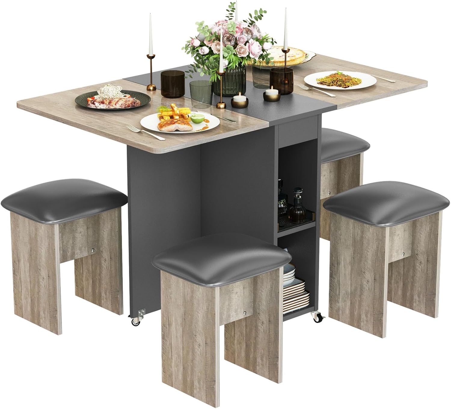 LinkRomat Folding Dining Table Set for 4, Kitchen Table with Shelves & 4 Leather Chairs, Space Saving Foldable Dining Table with 6 Wheel (Grey)