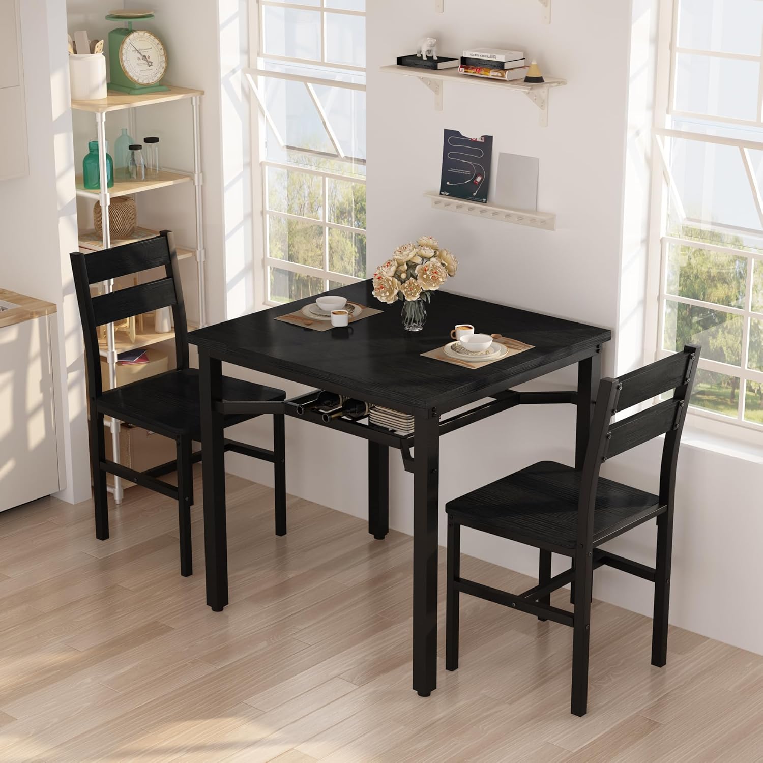 LinkRomat Small Dining Table for 2, Wooden Dinner Table with Storage, 3 Piece Farmhouse Square Dinette Set for Dining Room, Apartment, Small Space
