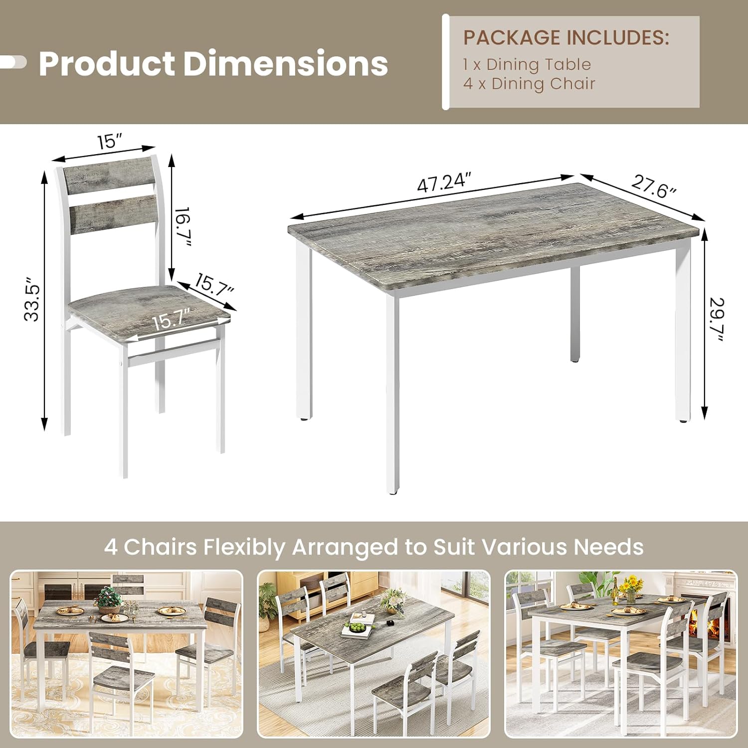LinkRomat Farmhouse Dining Table Set for 4, Kitchen Table and Chairs for Dining Room, Small Spaces, Easy Assembly & Sturdy
